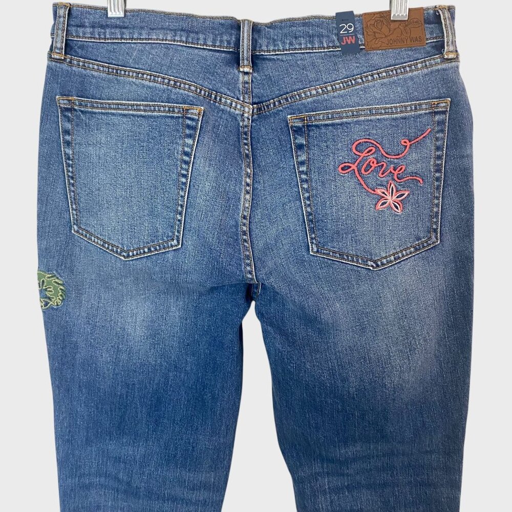 Johnny Was Cropped Denim Boyfriend Jean Size 29 Embroidered Mid-Rise Raw-Hem New - Picture 7 of 11